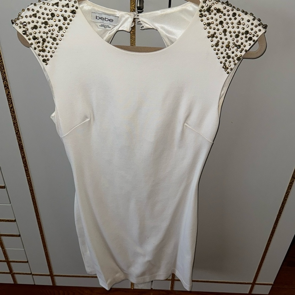 Bebe backless white mini dress gold studs